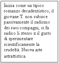 Text Box: Inizia come un tipico romanzo decadentistico, il giovane T. non subisce passivamente il sadismo dei suoi compagni, si fa sadico li stesso x il gusto di sperimentare scientificamente la crudelt. Nuova arte astrattistica.